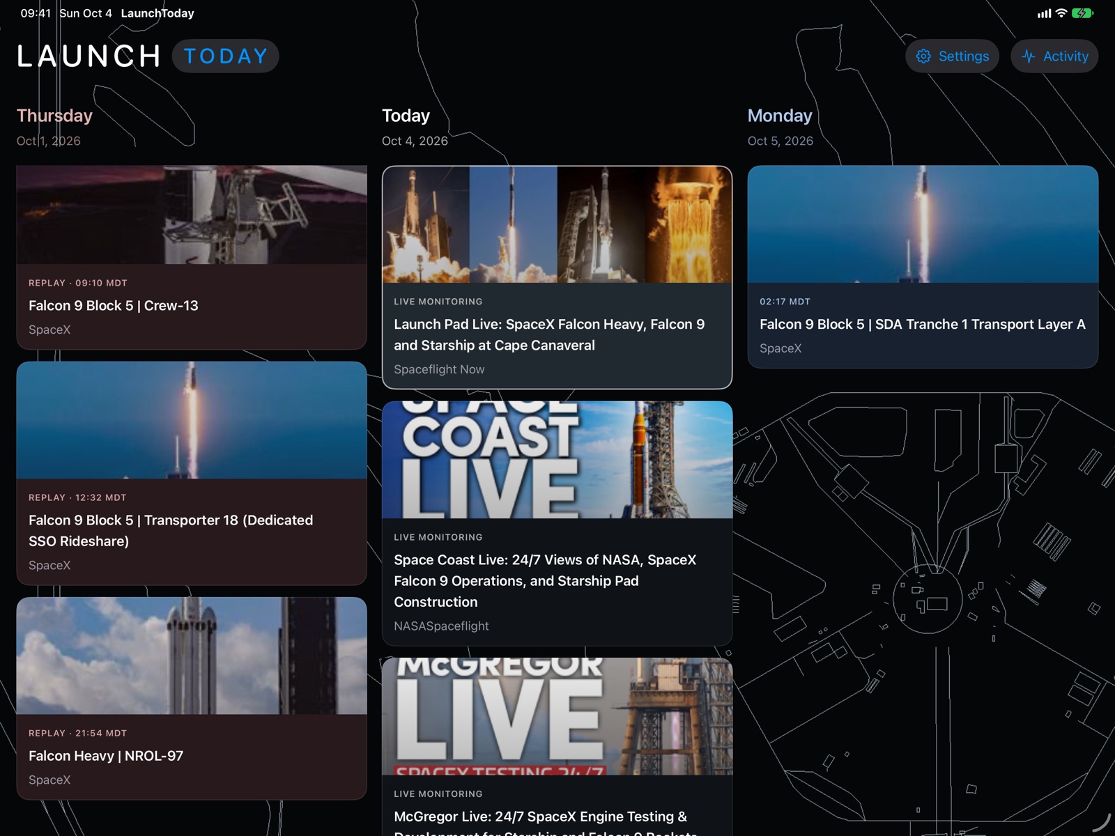 Launch Today on iPad in landscape: Thursday, today and Monday side by side, each a column of launch videos
