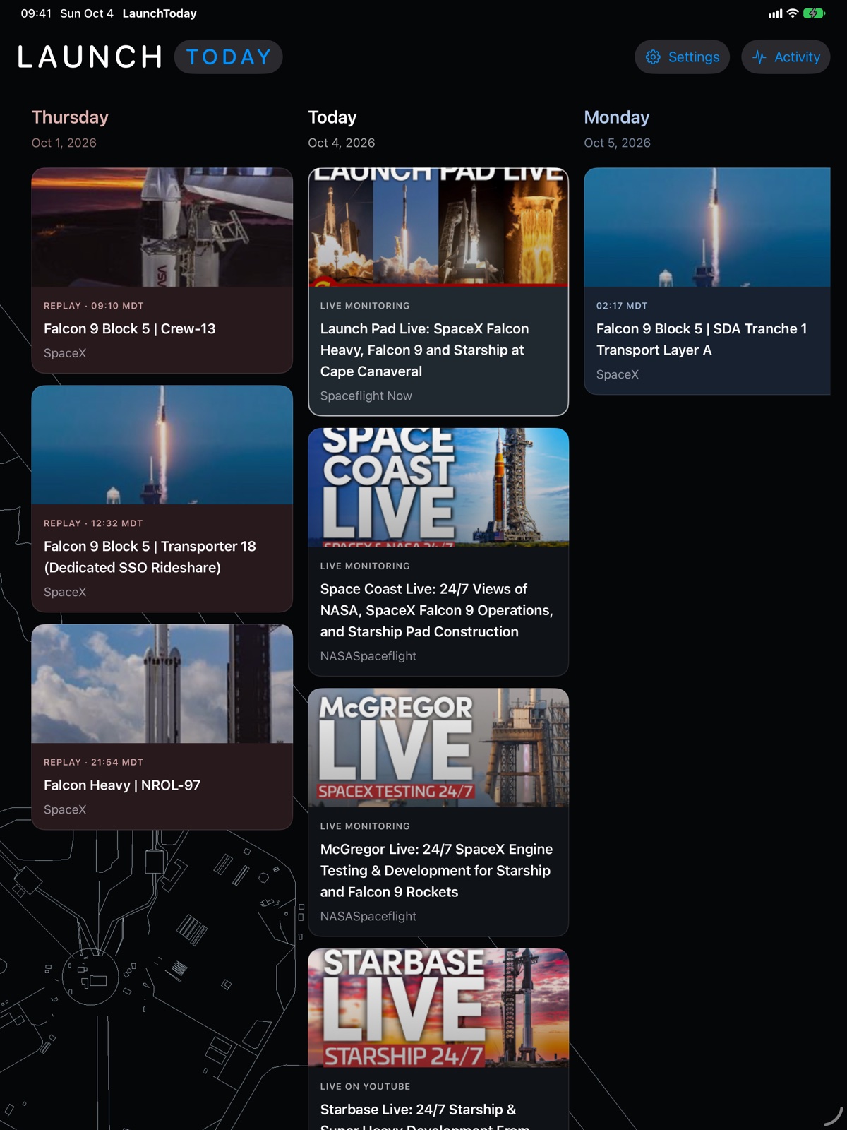 Launch Today on iPad: three whole days side by side, each under its own date