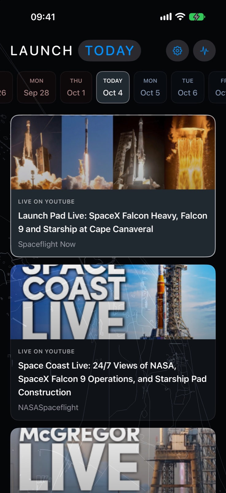 Launch Today on iPhone: a strip of dates along the top and the selected day's launch videos below