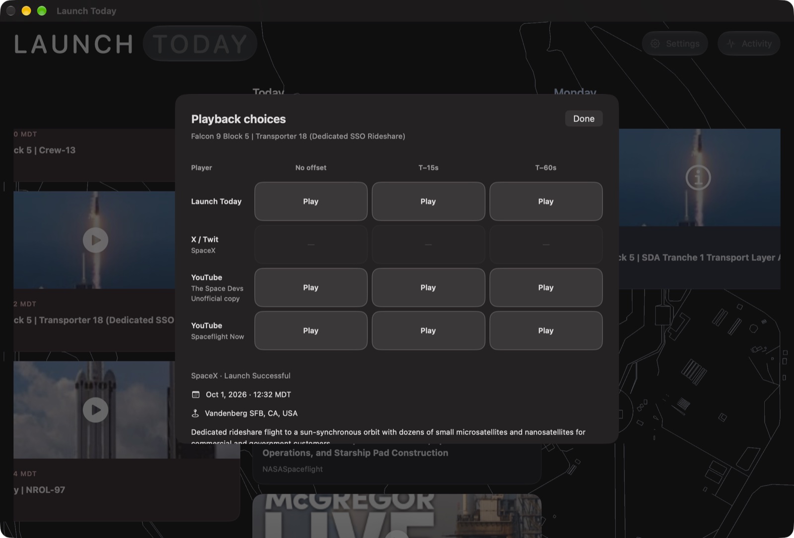 Launch Today's Playback choices on a Mac: rows for Launch Today and YouTube, columns for No offset, T−15s and T−60s