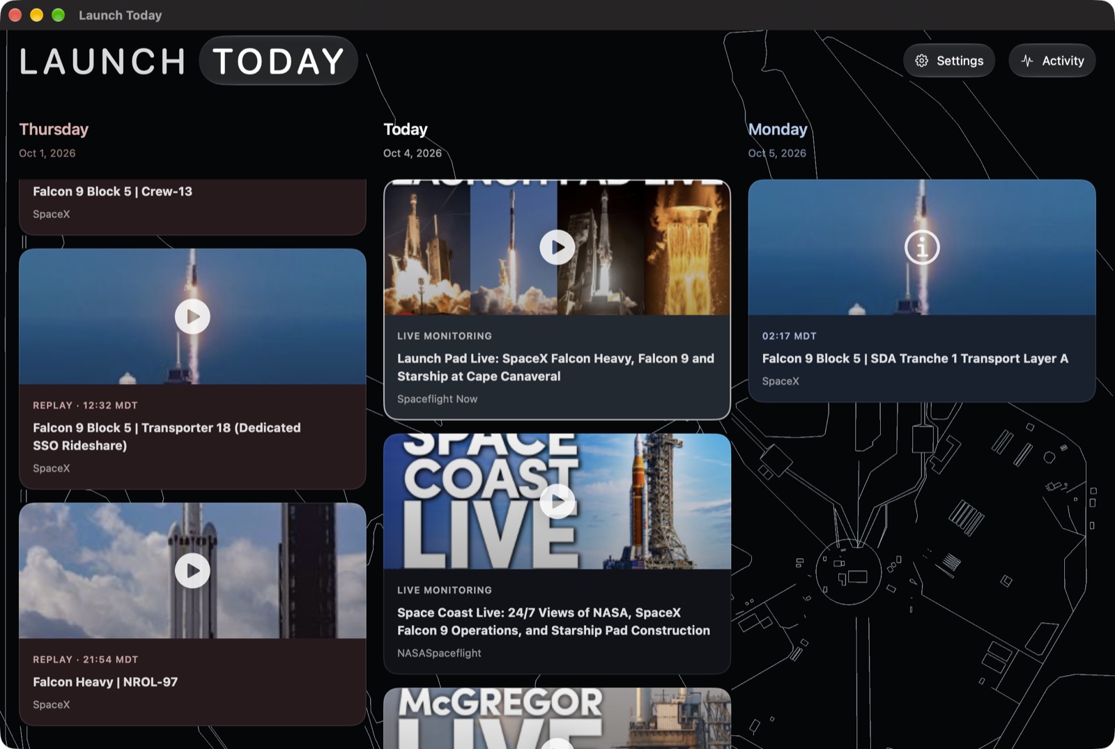 Launch Today on a Mac: three days side by side, each a column of launch videos, over a line map of the selected launch's pad