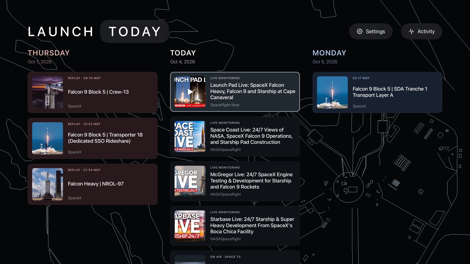 Launch Today on Apple TV: today's launch videos in a column, the next days beside it, and the globe